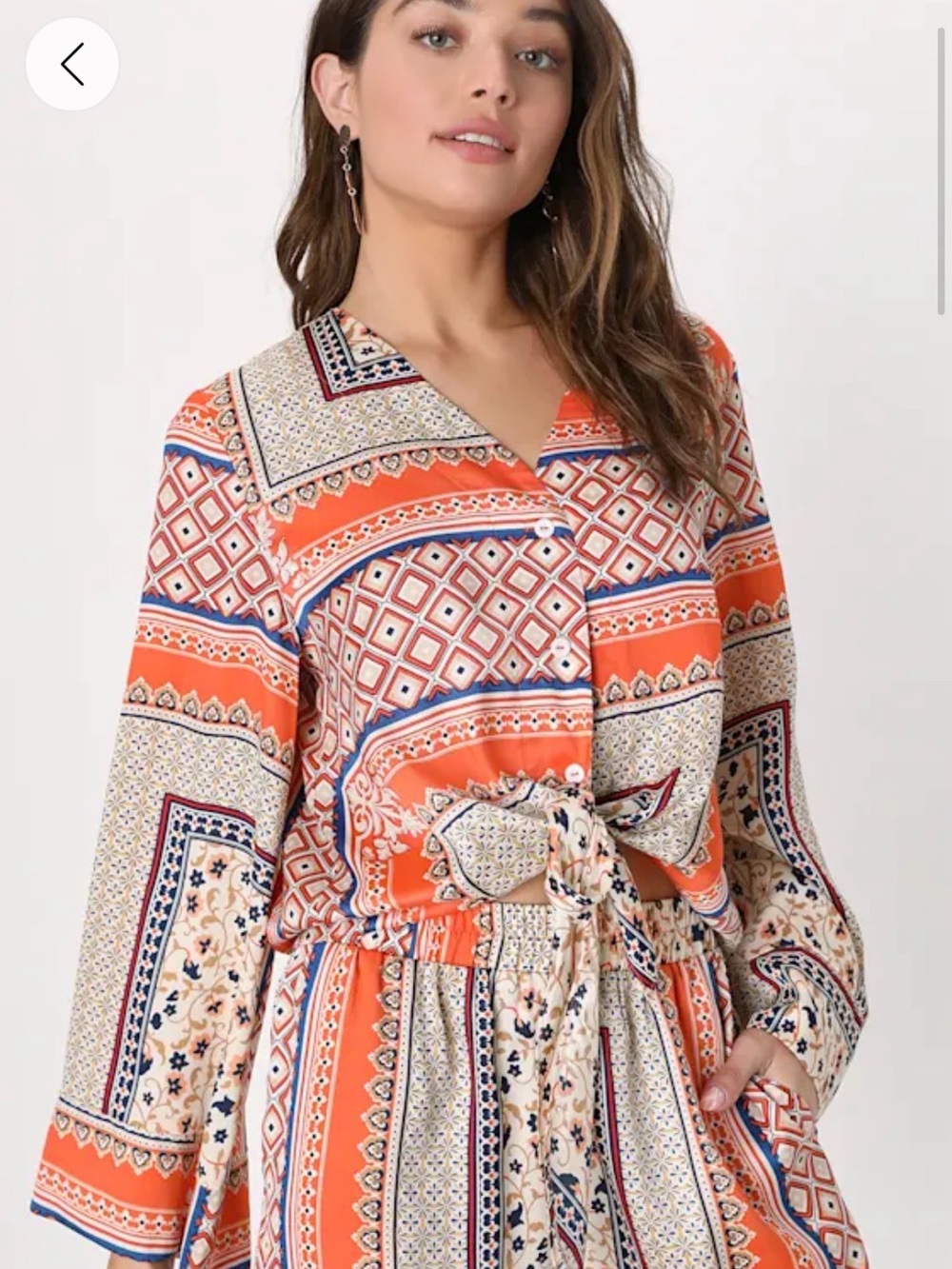 Lulus women’s Moments in Mykonos  Orange Patterned scarf Tie-Waist top